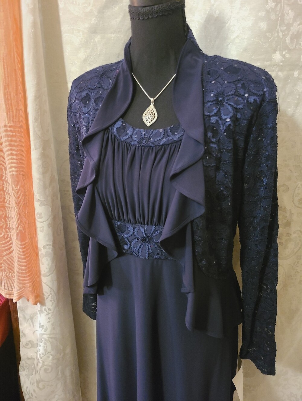 R&M Richards Navy Embellished Lace-Trim Chemise